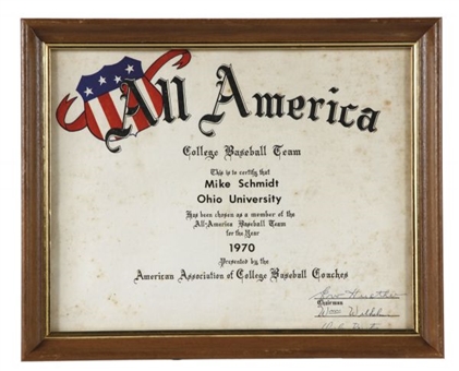 Mike Schmidts 1970 College All-American Award Certificate  Presented to and Personally Owned by Schmidt - Mike Schmidt LOA